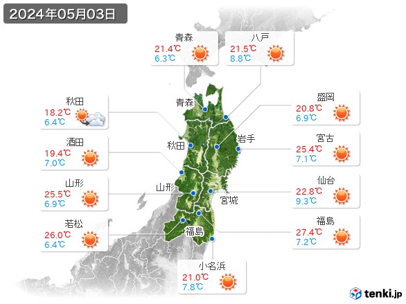 東北地方(2024年05月03日の天気