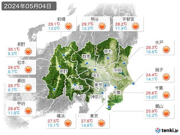 関東・甲信地方(2024年05月04日の天気