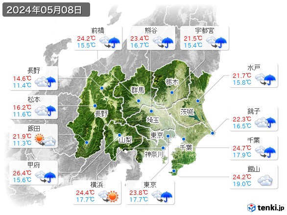 関東・甲信地方(2024年05月08日の天気