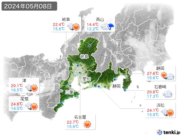 東海地方(2024年05月08日の天気