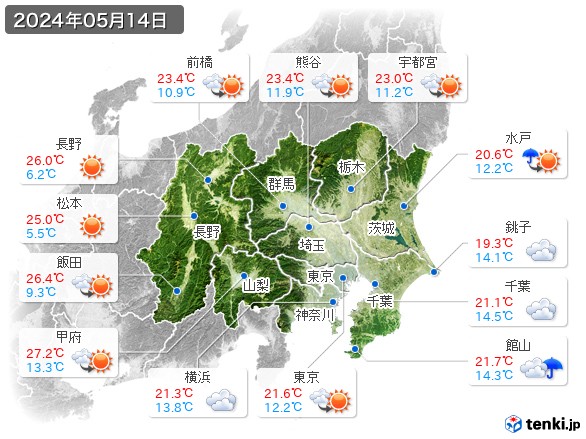 関東・甲信地方(2024年05月14日の天気