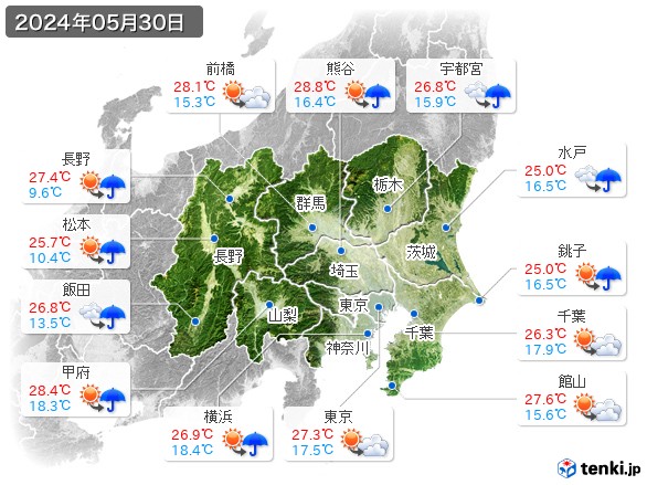 関東・甲信地方(2024年05月30日の天気