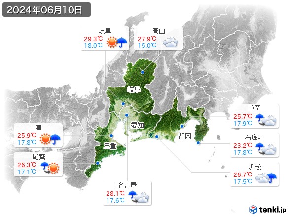 東海地方(2024年06月10日の天気