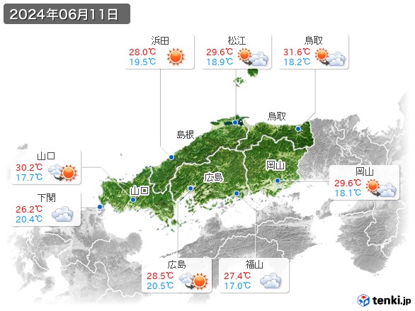 中国地方(2024年06月11日の天気