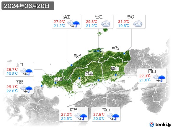 中国地方(2024年06月20日の天気