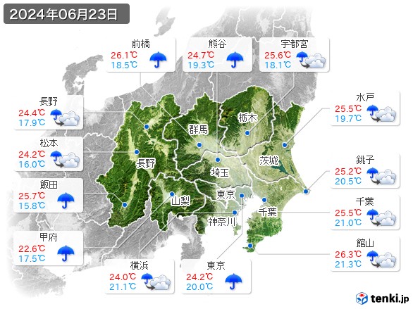 関東・甲信地方(2024年06月23日の天気