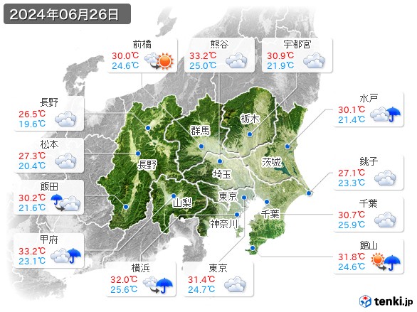 関東・甲信地方(2024年06月26日の天気