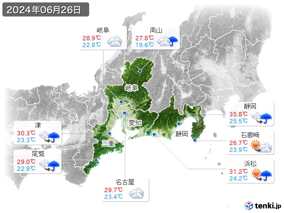 東海地方(2024年06月26日の天気