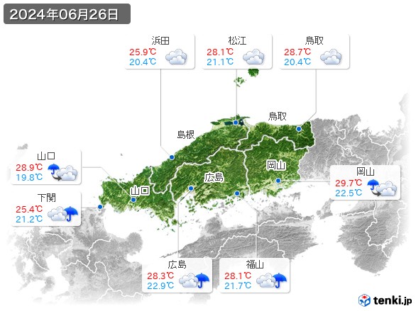 中国地方(2024年06月26日の天気