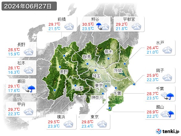 関東・甲信地方(2024年06月27日の天気