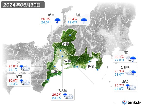 東海地方(2024年06月30日の天気