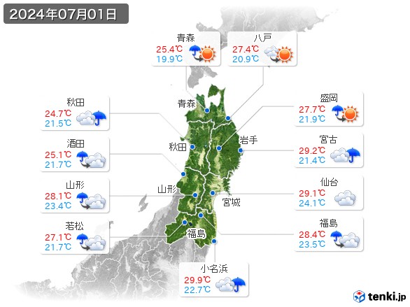 東北地方(2024年07月01日の天気