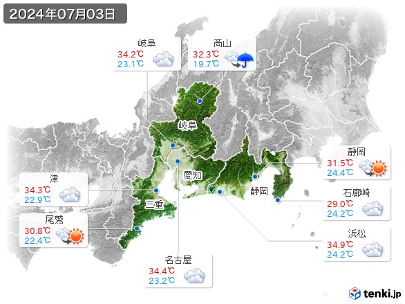 東海地方(2024年07月03日の天気