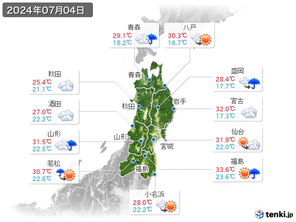 東北地方(2024年07月04日の天気