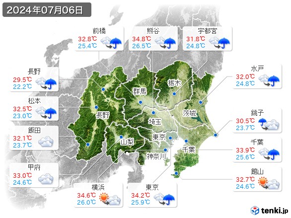 関東・甲信地方(2024年07月06日の天気