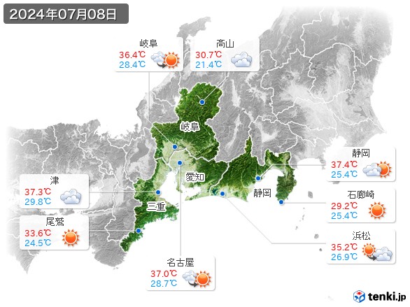 東海地方(2024年07月08日の天気