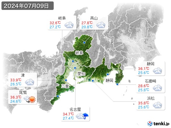 東海地方(2024年07月09日の天気