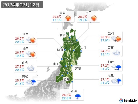 東北地方(2024年07月12日の天気