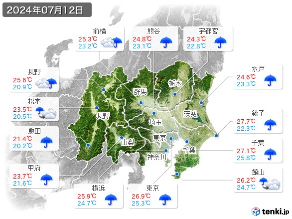 関東・甲信地方(2024年07月12日の天気