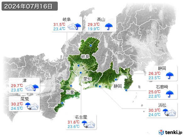 東海地方(2024年07月16日の天気