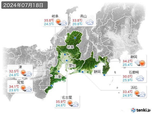 東海地方(2024年07月18日の天気