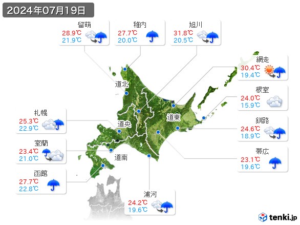 北海道地方(2024年07月19日の天気