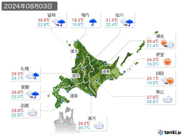 北海道地方(2024年08月03日の天気