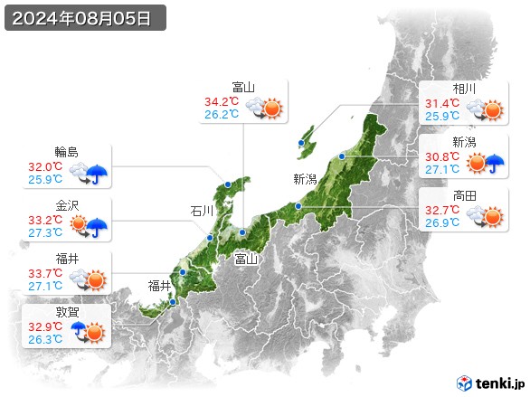北陸地方(2024年08月05日の天気
