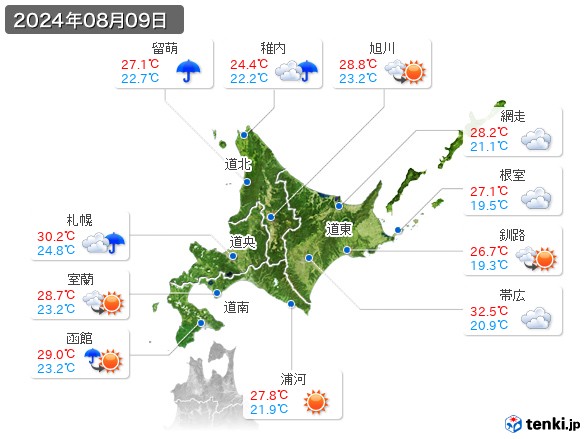 北海道地方(2024年08月09日の天気