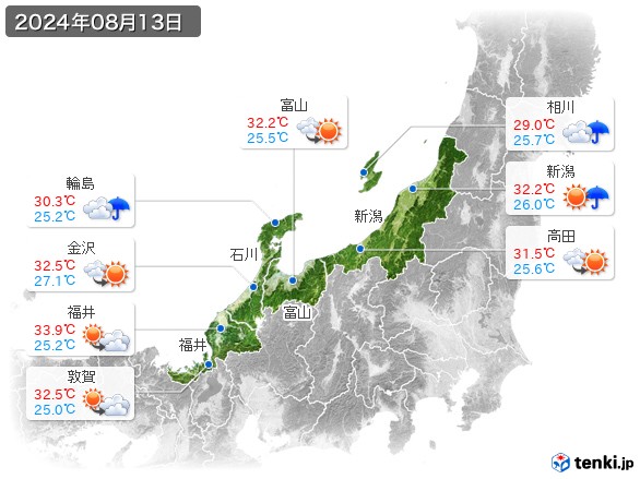 北陸地方(2024年08月13日の天気