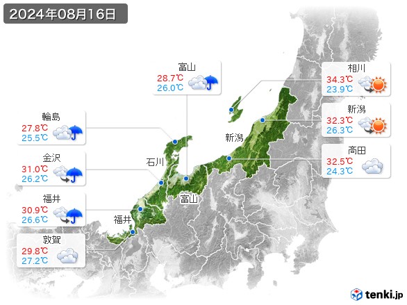 北陸地方(2024年08月16日の天気