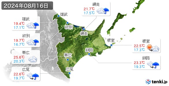 道東(2024年08月16日の天気