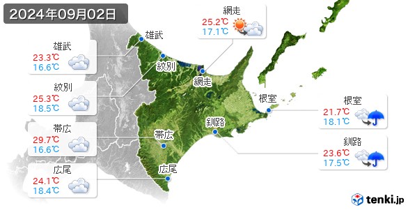 道東(2024年09月02日の天気