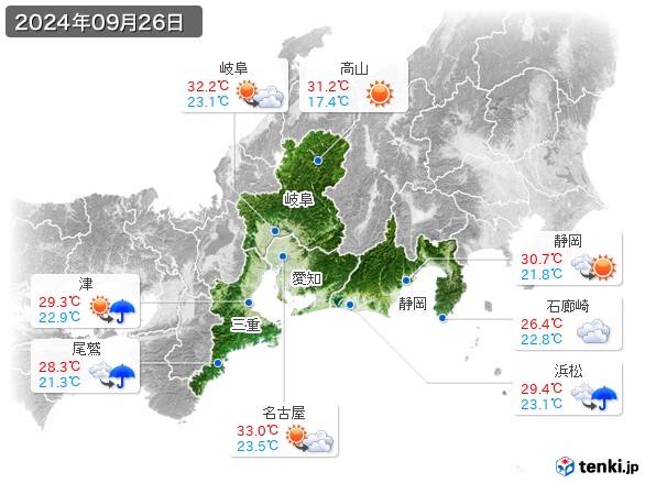 東海地方(2024年09月26日の天気