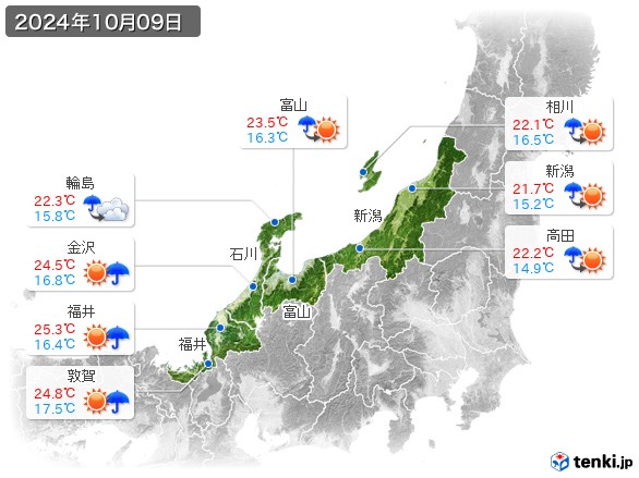 北陸地方(2024年10月09日の天気