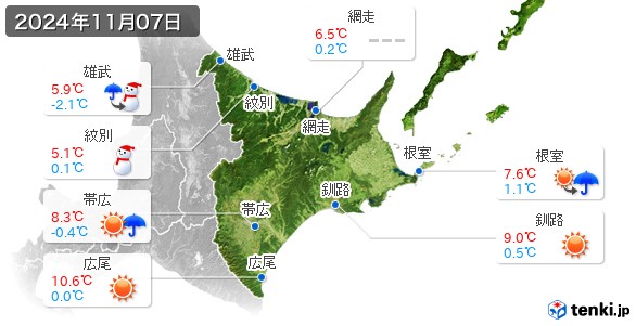 道東(2024年11月07日の天気