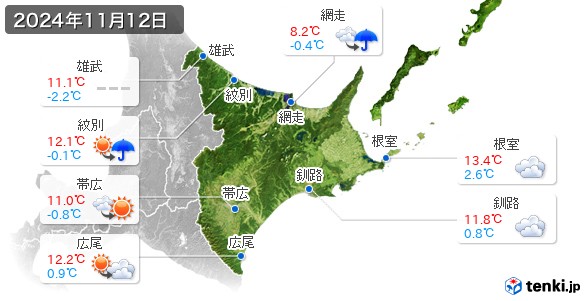 道東(2024年11月12日の天気