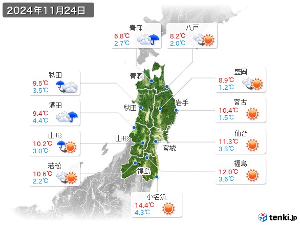 東北地方(2024年11月24日の天気