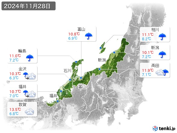北陸地方(2024年11月28日の天気