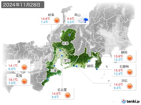 東海地方(2024年11月28日の天気