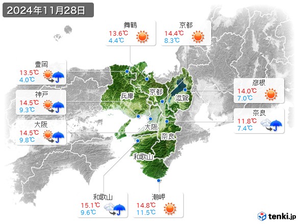 近畿地方(2024年11月28日の天気