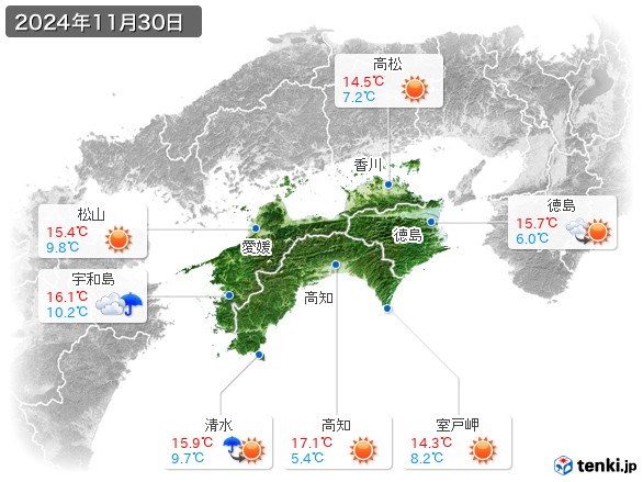 四国地方(2024年11月30日の天気