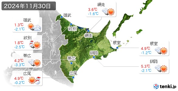 道東(2024年11月30日の天気