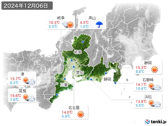 東海地方(2024年12月06日の天気