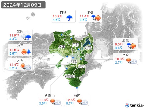 近畿地方(2024年12月09日の天気