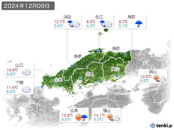 中国地方(2024年12月09日の天気