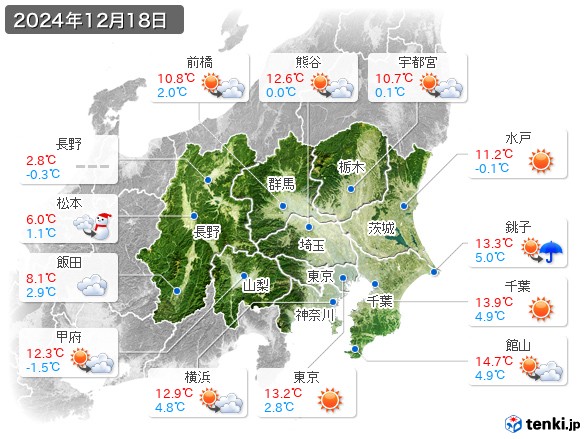 関東・甲信地方(2024年12月18日の天気