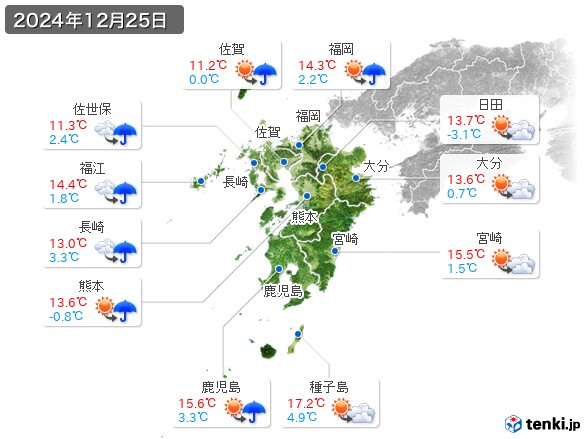 九州地方(2024年12月25日の天気