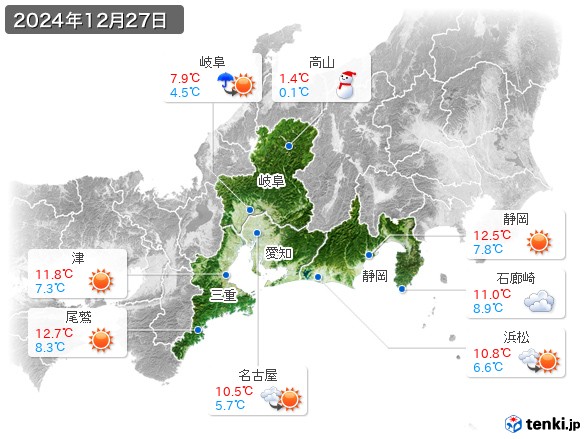 東海地方(2024年12月27日の天気