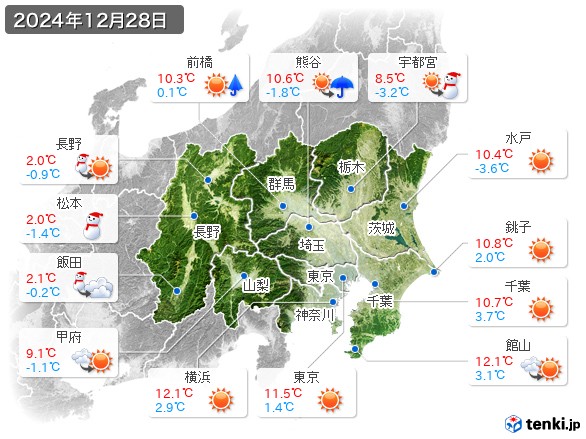 関東・甲信地方(2024年12月28日の天気